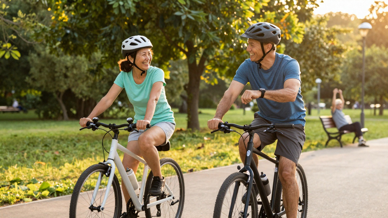 Casal sénior a andar de bicicleta num parque, sorrindo e a usar capacetes de proteção.