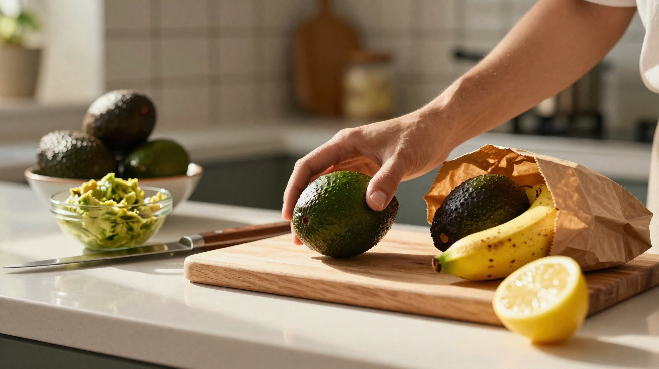 Mão a apanhar abacate numa tábua com abacate, banana e meio limão numa cozinha moderna.