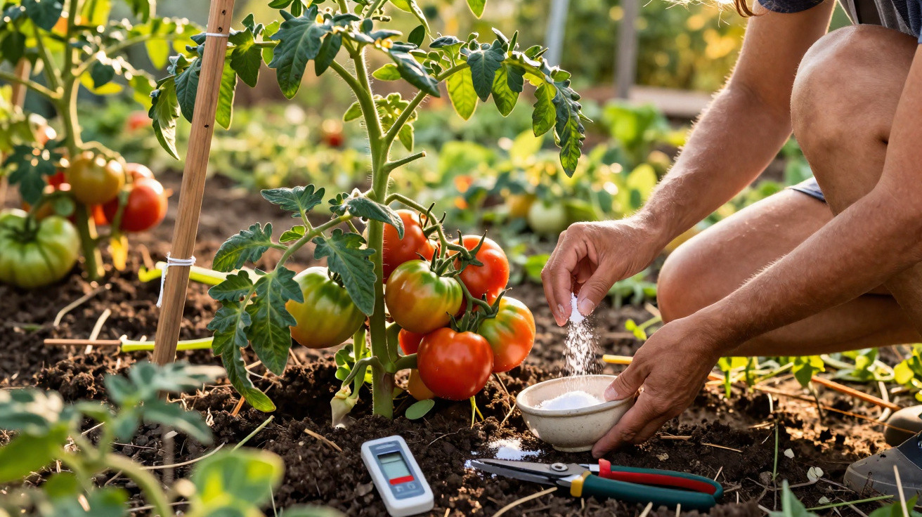 Pessoa a aplicar fertilizante em planta de tomateiros maduros num jardim ensolarado.