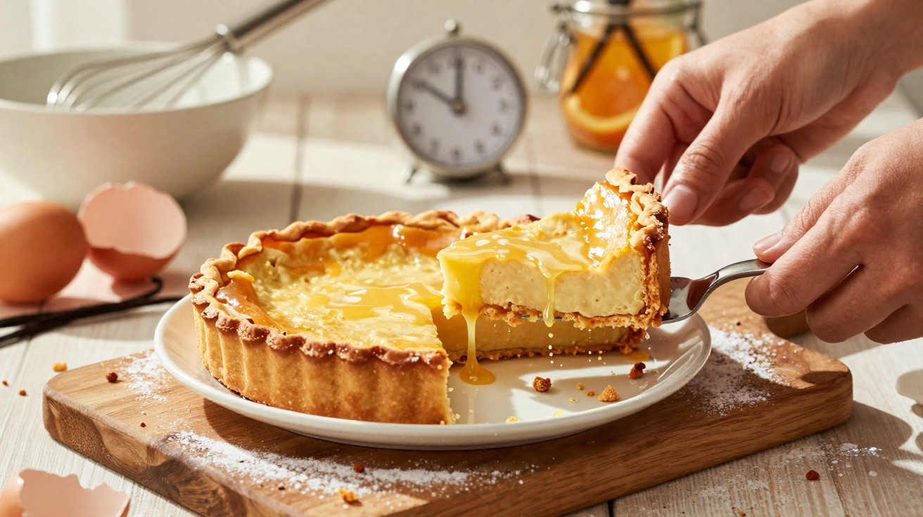Pessoa a servir uma fatia de tarte de limão com cobertura brilhante, perto de ovos partidos e utensílios de cozinha.