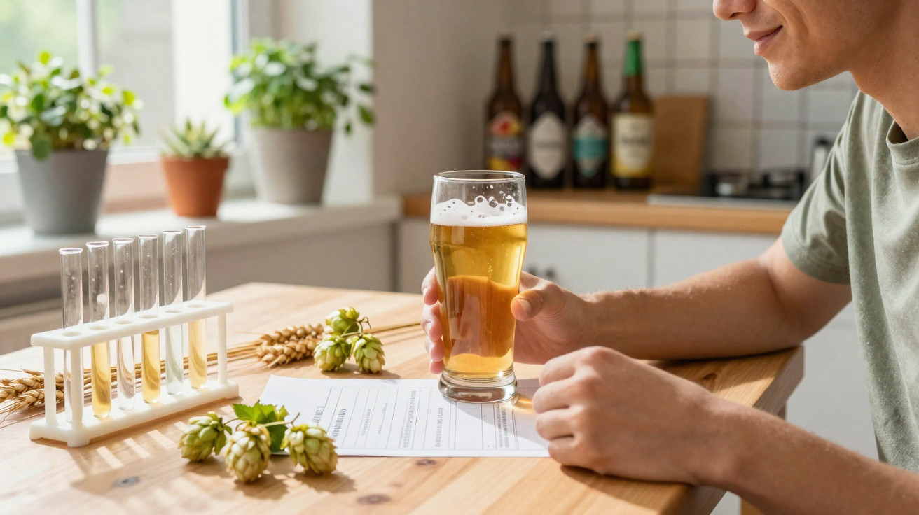 Pessoa segurando copo de cerveja ao lado de cachos de lúpulo, tubos de ensaio e formulário numa mesa de madeira.