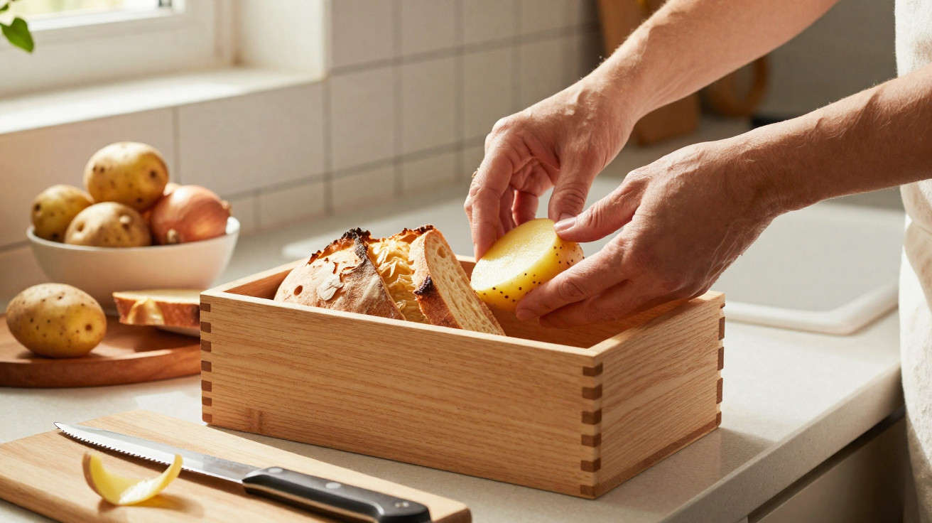 Mãos a colocar fatia de batata numa caixa de madeira com pão, numa cozinha iluminada.