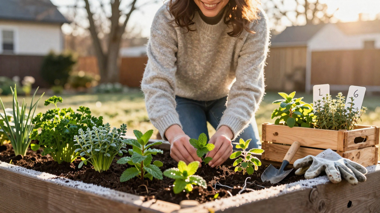 Pessoa a cuidar de plantas numa horta elevada ao ar livre em dia soalheiro.