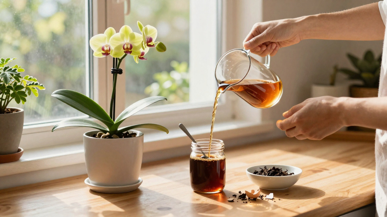 Pessoa a servir chá numa jarra para frasco de vidro numa mesa junto à janela com plantas decorativas.