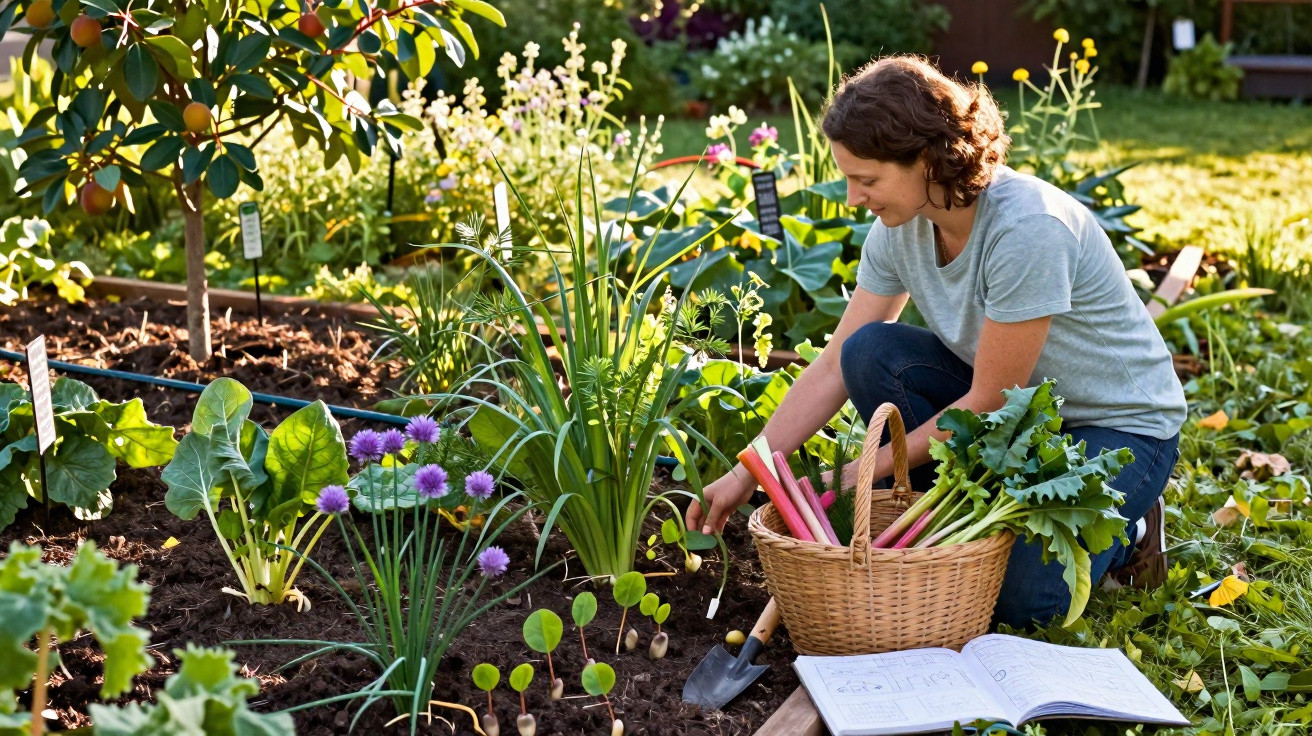 Mulher a colher legumes num jardim com cesta, pá e livro aberto ao lado.