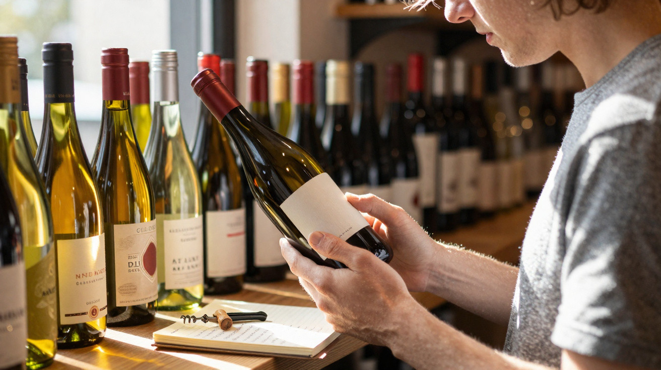 Pessoa a examinar uma garrafa de vinho numa loja com várias garrafas alinhadas numa prateleira.