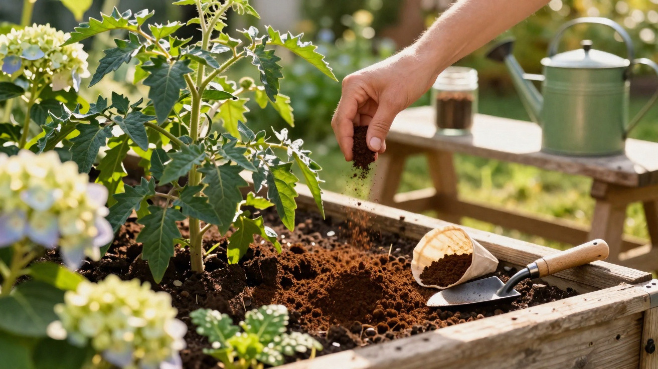 Mão a plantar uma muda numa caixa de madeira com terra solta, junto a ferramentas de jardim e flores.