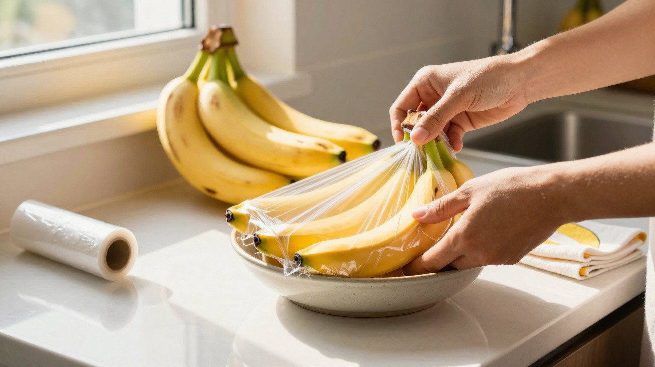 Mãos a embrulhar um cacho de bananas com película aderente sobre um prato de cerâmica numa cozinha.