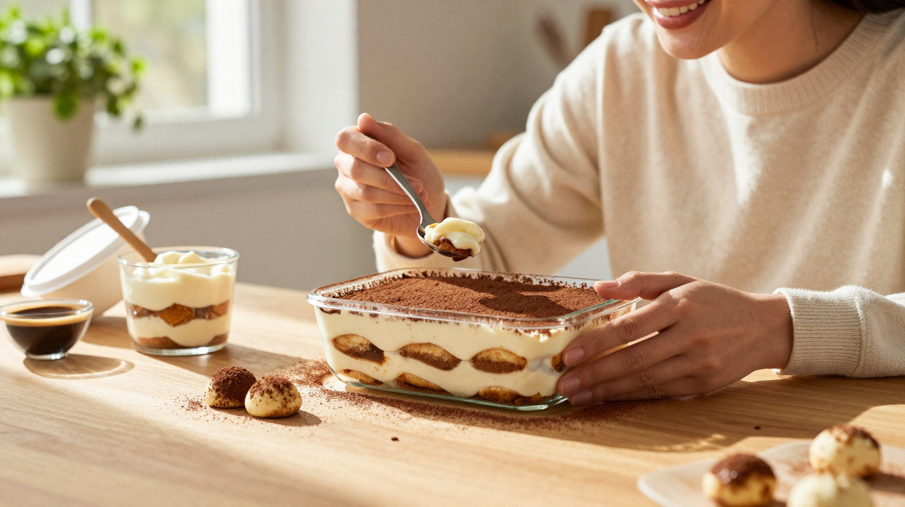 Pessoa a comer tiramisù caseiro numa taça de vidro numa mesa de madeira iluminada pela luz natural.