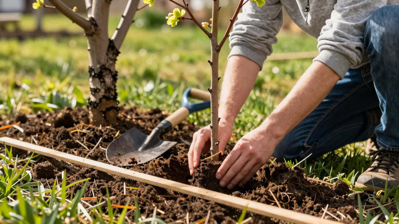 Pessoa a plantar uma pequena árvore num jardim com terra fresca e uma pá ao lado.