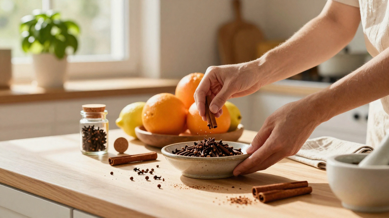 Mãos a colocar paus de canela numa tigela com cravinho numa cozinha com frutas e jarro ao fundo.