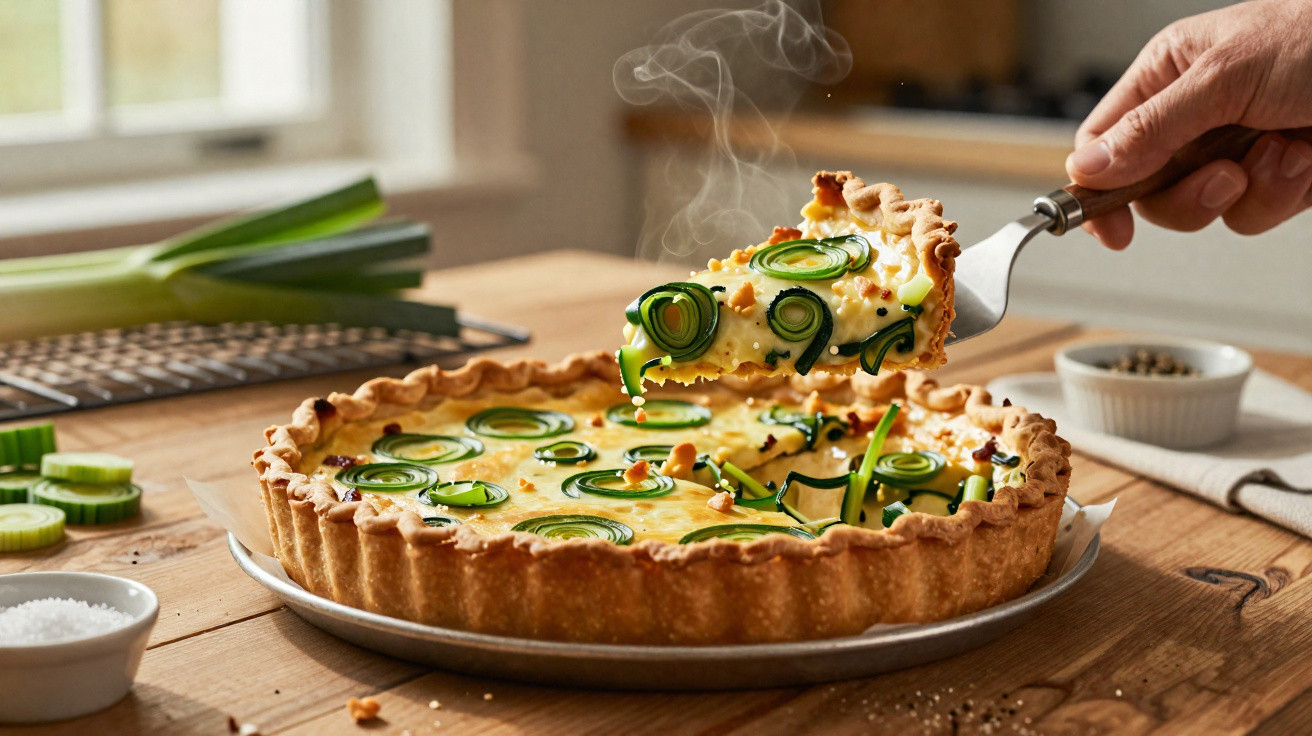 Tarte salgada quente com rodelas de curgete frescas servida numa cozinha rústica.