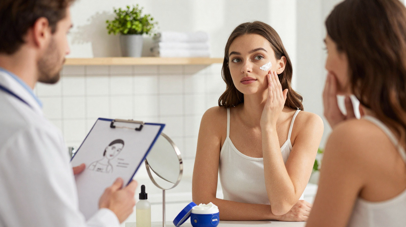 Mulher aplica creme no rosto durante consulta dermatológica com médico que faz anotações.