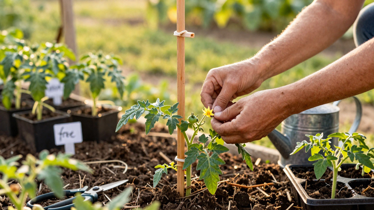 Mãos cuidam de planta de tomateiro jovem num jardim com estacas, regador e outras plantas em vasos.