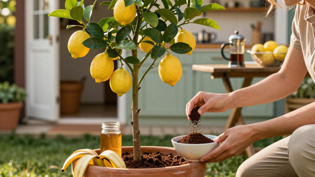 Pessoa a colocar terra num vaso com limoeiro, com bananas e um frasco ao lado, em ambiente exterior.