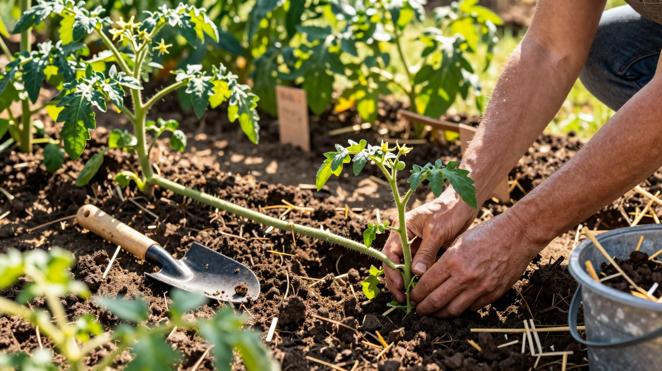 Mãos a plantar uma jovem planta de tomate no solo de um horto ensolarado com enxada ao lado.