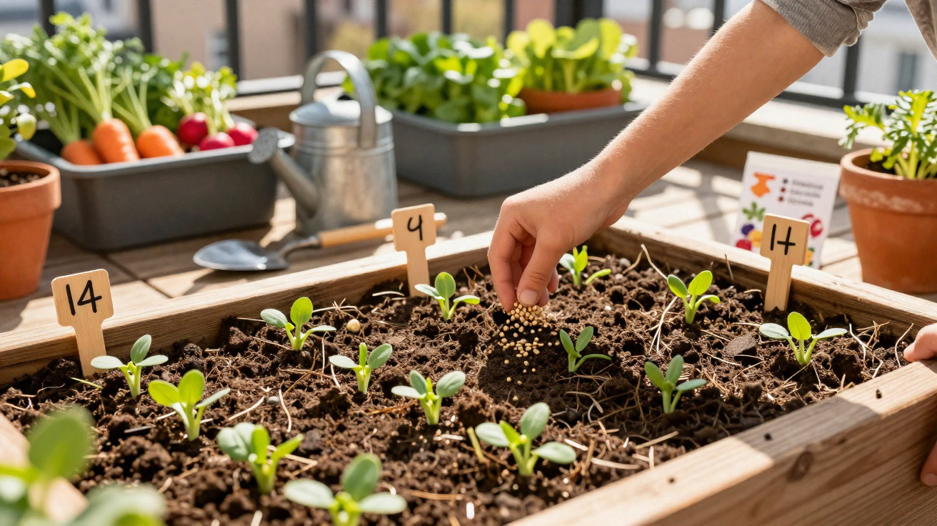 Pessoa a semear em canteiro com plantas jovens, rodeado de vasos com hortícolas numa varanda ensolarada.