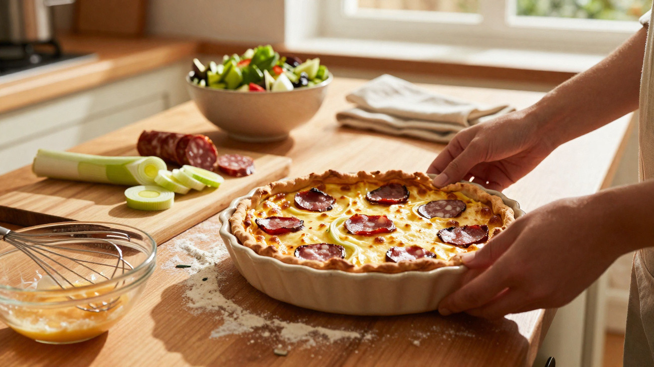 Pessoa a tirar do forno uma quiche com rodelas de chouriço numa cozinha iluminada.