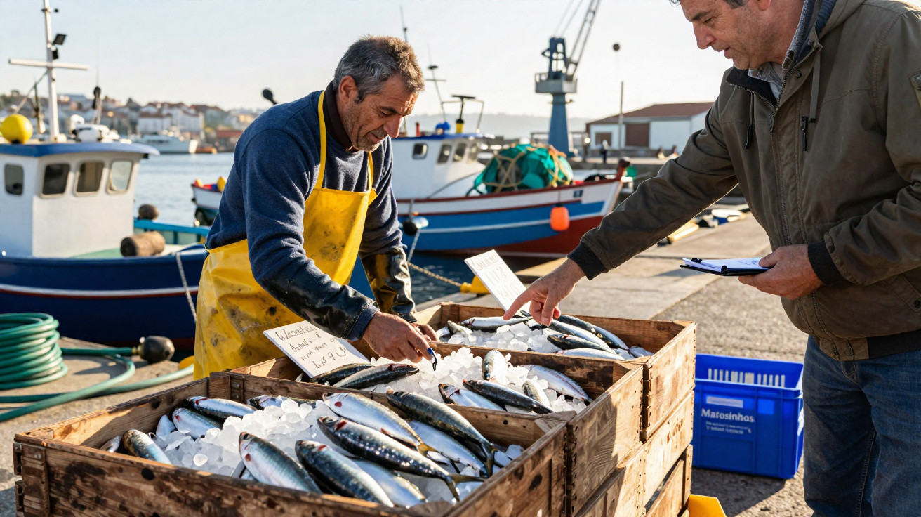 Homem vende peixe fresco em caixas de madeira num mercado junto a barcos de pesca num cais.
