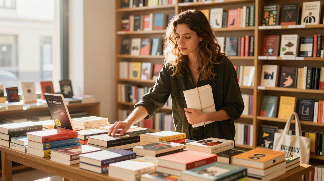 Mulher jovem a escolher livros numa livraria com estantes e mesa cheia de livros variados.