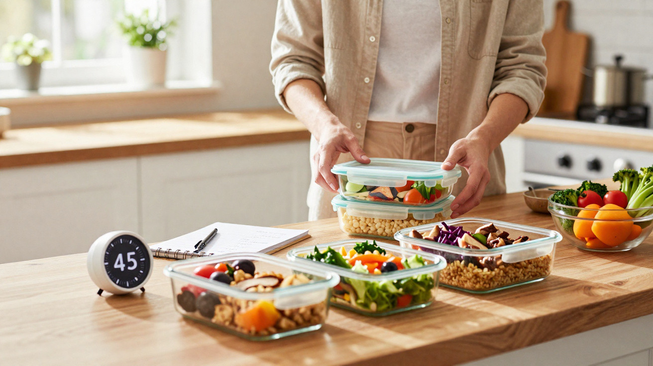Pessoa a organizar marmitas com saladas e legumes numa cozinha luminosa, com temporizador e bloco de notas na bancada.