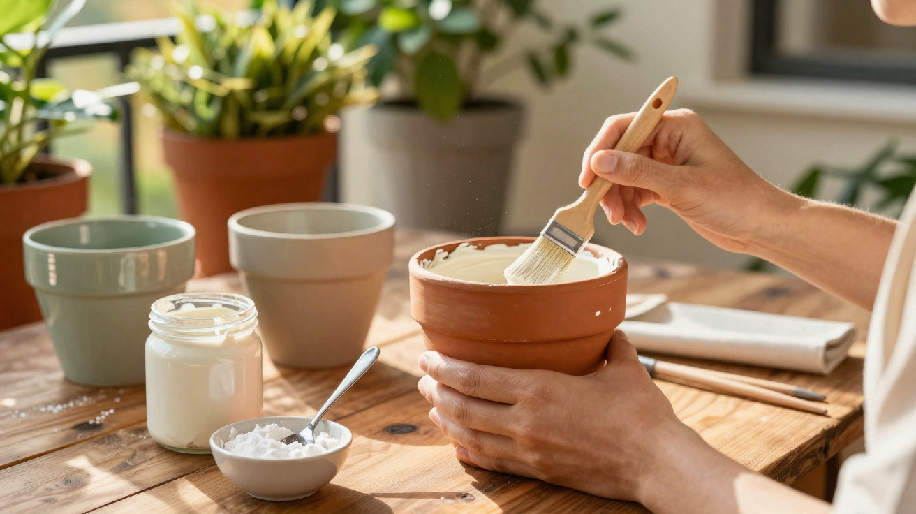 Mãos a pintar um vaso de barro com tinta branca num ambiente com plantas e potes de cerâmica.