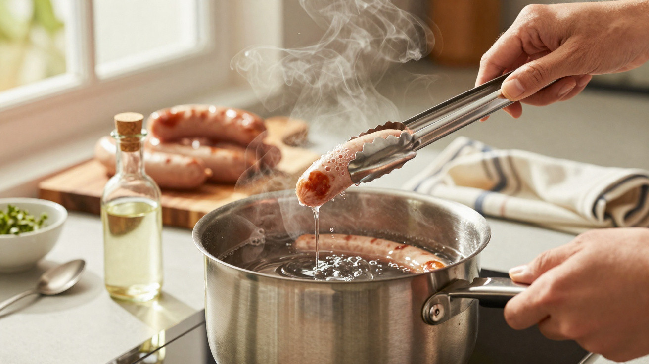 Mãos a cozinhar salsichas numa panela com vapor a sair, ao lado de garrafa de óleo e tábua de madeira.