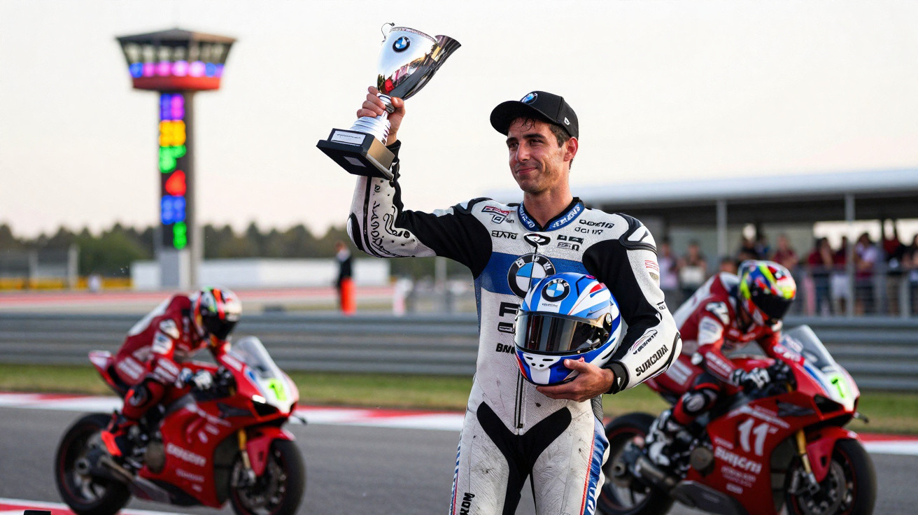 Piloto de motociclismo em fato branco segura troféu e capacete em circuito, com motos e público ao fundo.