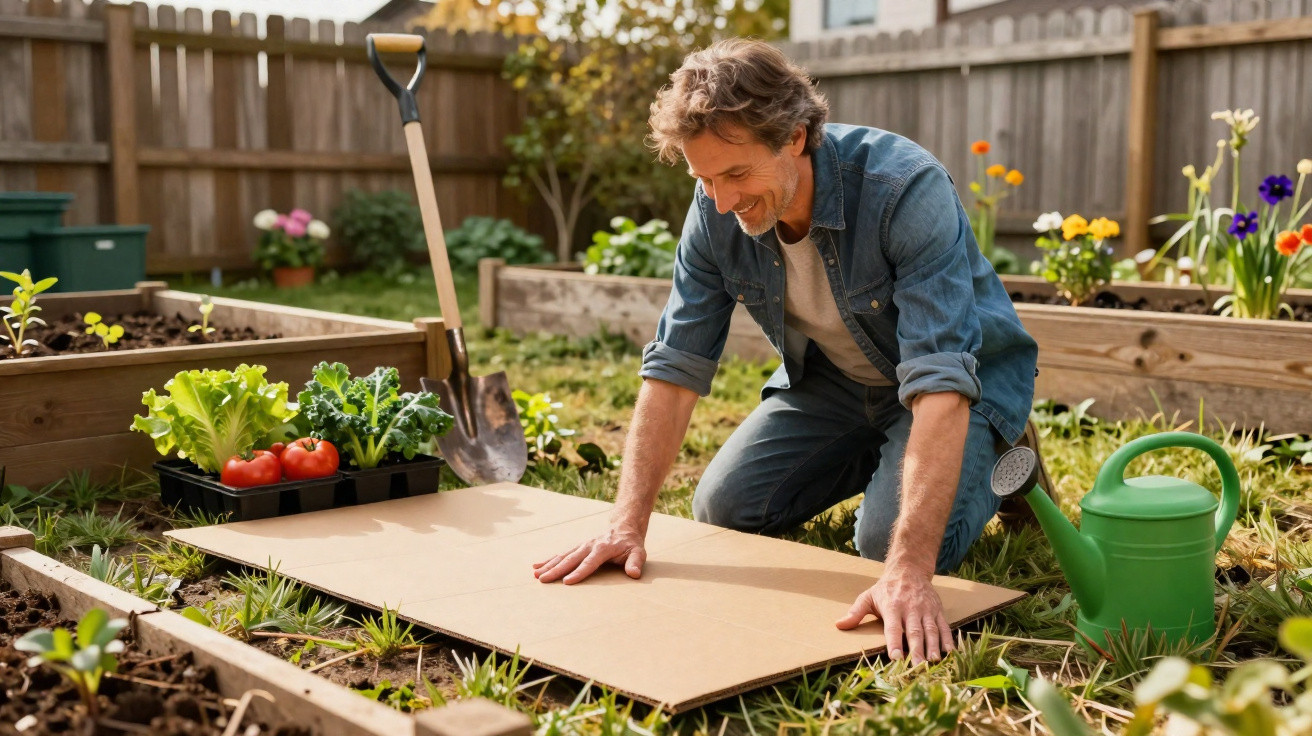 Homem a preparar terreno para plantas no jardim com ferramentas e vegetais frescos ao lado.