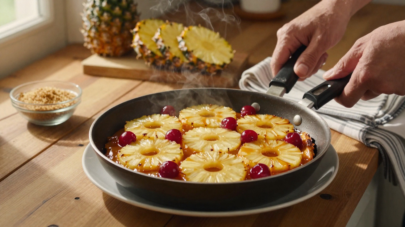 Panela com ananás caramelizado e cerejas, com vapores e mãos segurando as pegas da frigideira.