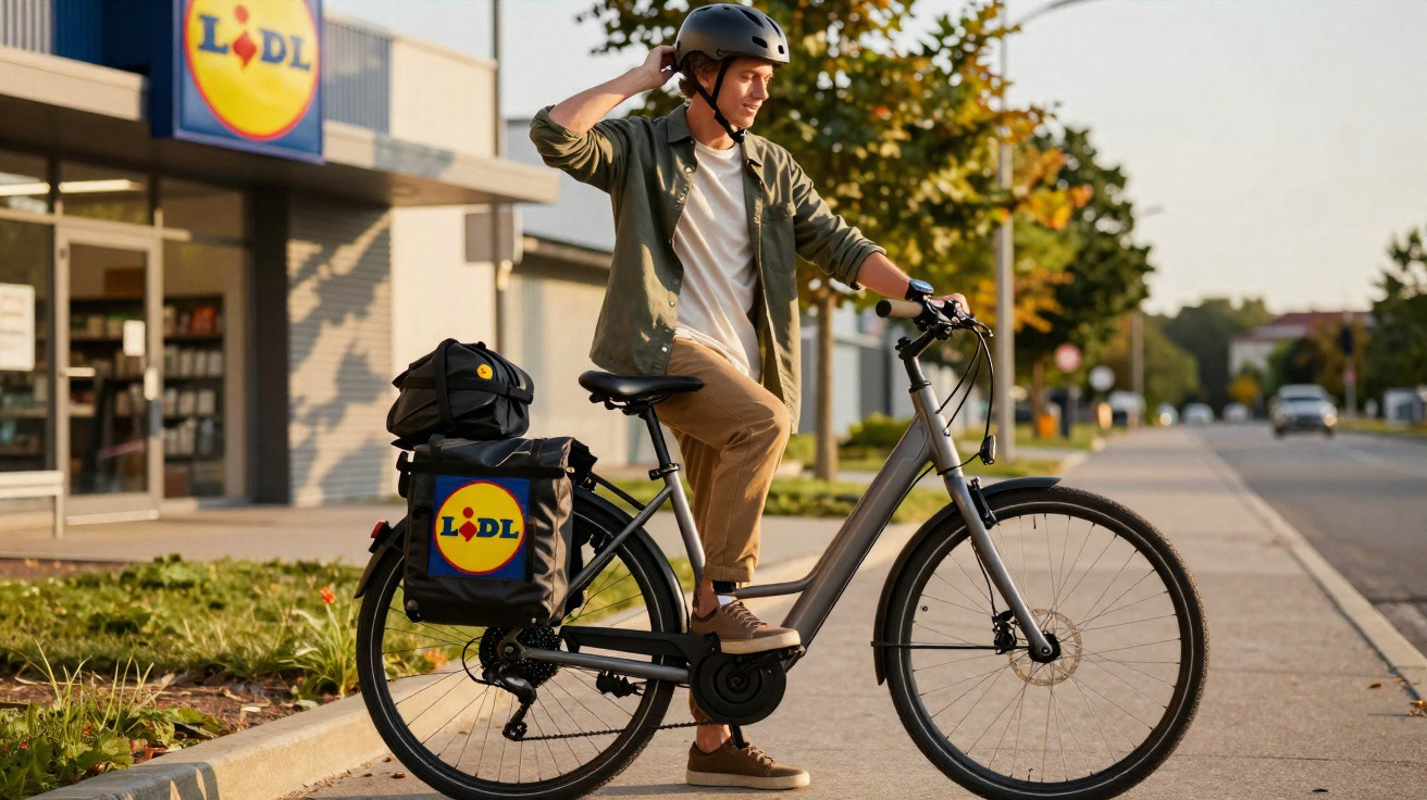 Jovem com capacete parado numa bicicleta elétrica em frente a um supermercado Lidl ao pôr do sol.