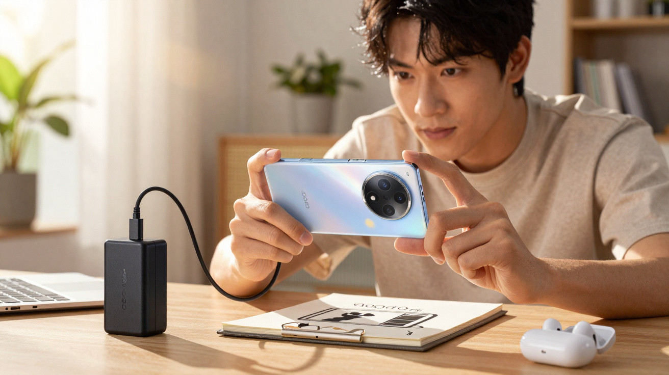 Homem a usar smartphone Oppo ligado a uma power bank numa mesa com portátil e auriculares.