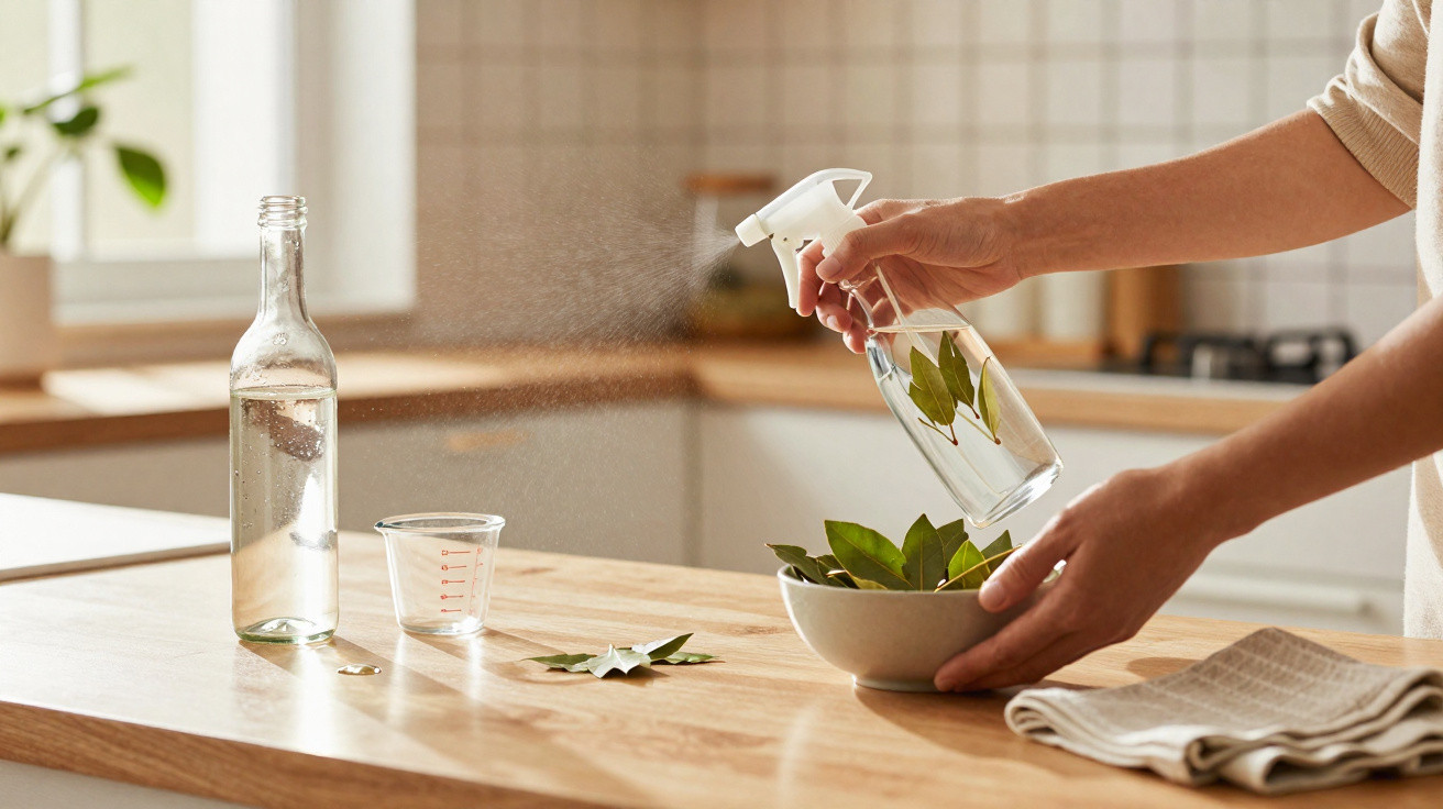 Pessoa a pulverizar água com folhas de louro num recipiente numa cozinha bem iluminada.