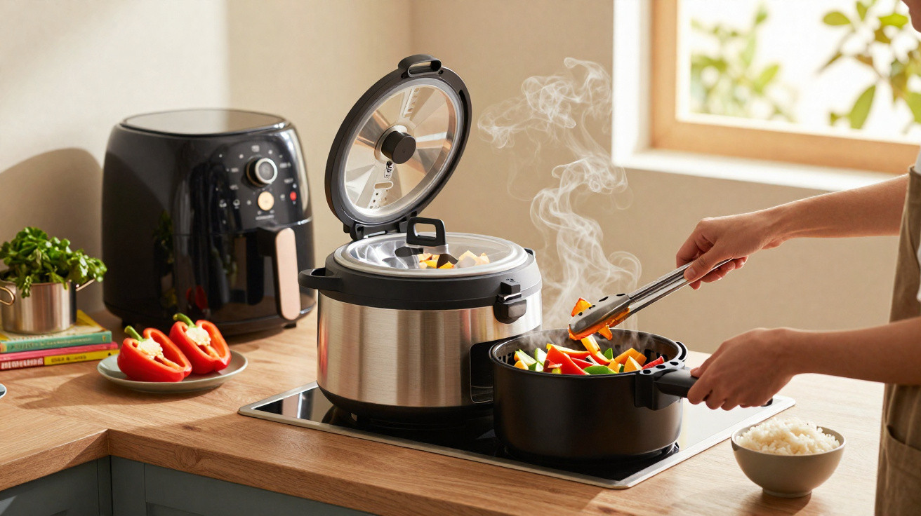 Pessoa a cozinhar legumes frescos numa panela elétrica com vapor numa cozinha moderna iluminada.