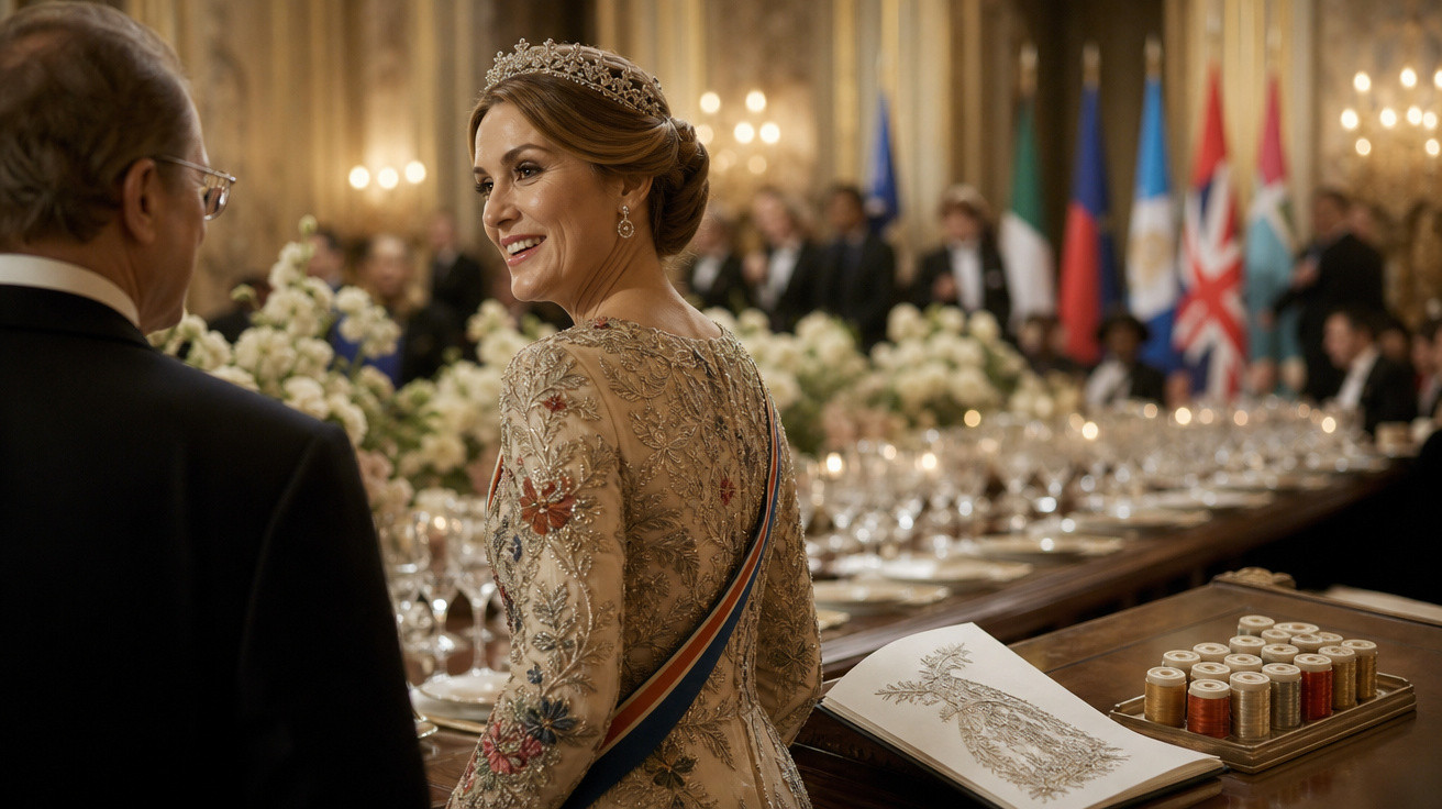 Mulher de vestido bordado e tiara, sorrindo num salão elegante com mesa de jantar formal e flores.