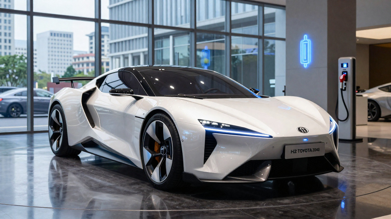 Carro desportivo elétrico branco Toyota H2 2040 em exposição moderna com parede de vidro e posto de carregamento.