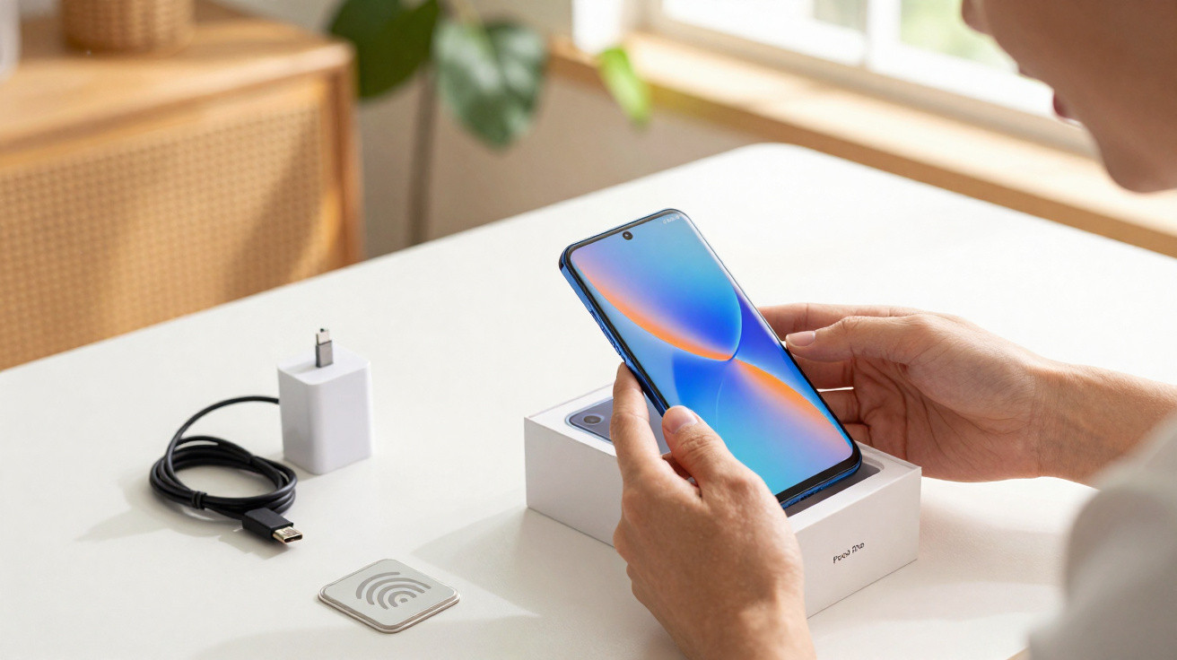 Pessoa a segurar um smartphone azul sobre uma caixa branca, com carregador e cabo numa mesa branca.