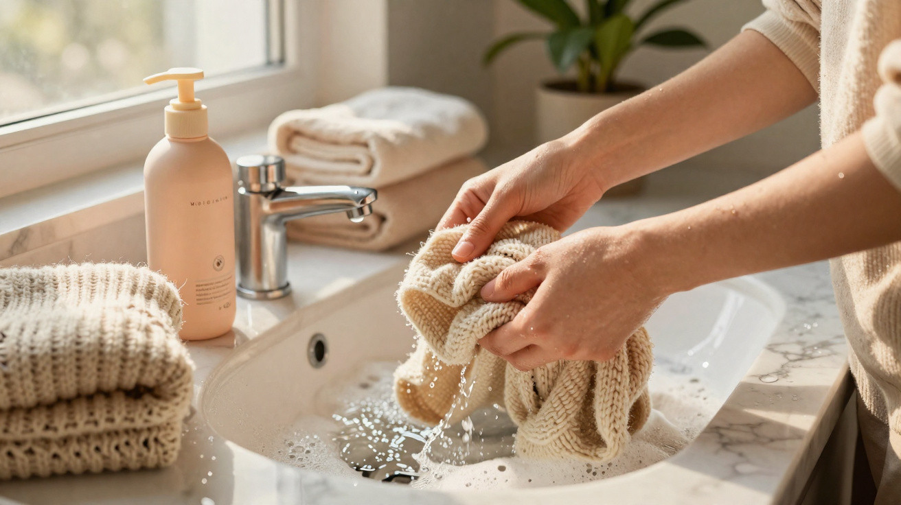 Mãos a torcer uma peça de roupa de malha sobre uma pia com água e espuma, com toalhas e dispensador ao lado.