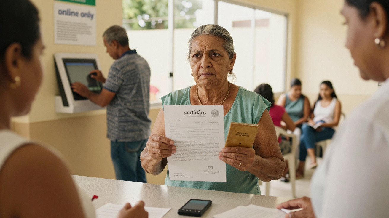 Mulher sénior com expressão séria apresenta documento num balcão de atendimento numa repartição pública.
