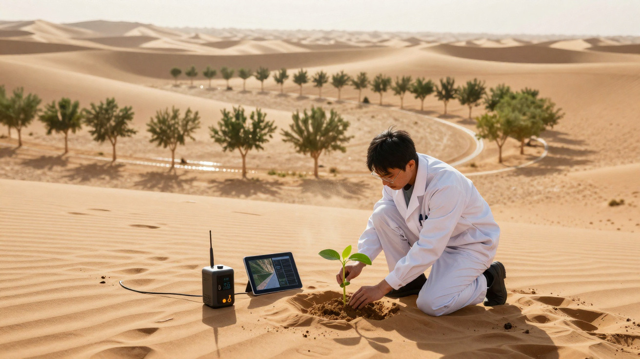 Homem de bata branca planta muda numa duna de areia com tecnologia num deserto com árvores ao longe.