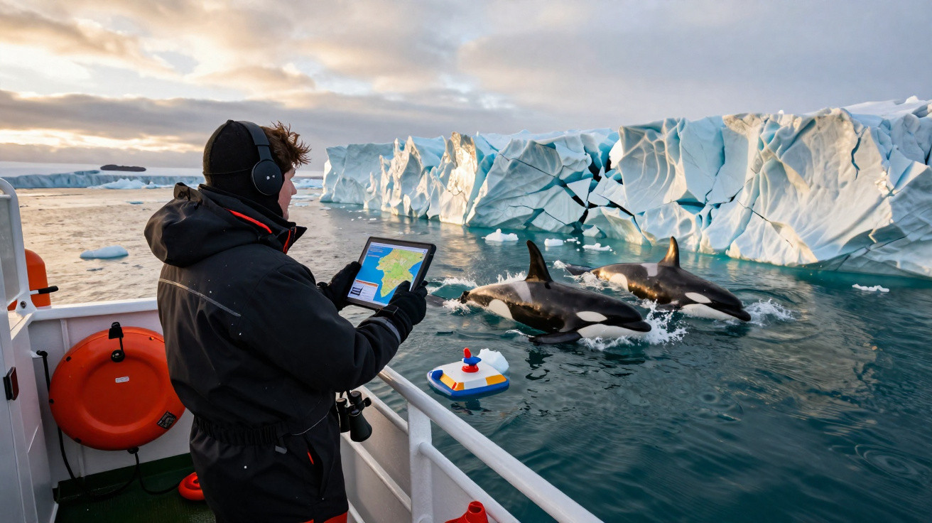Pessoa com tablet observa duas orcas perto de icebergues numa embarcação no mar gelado.