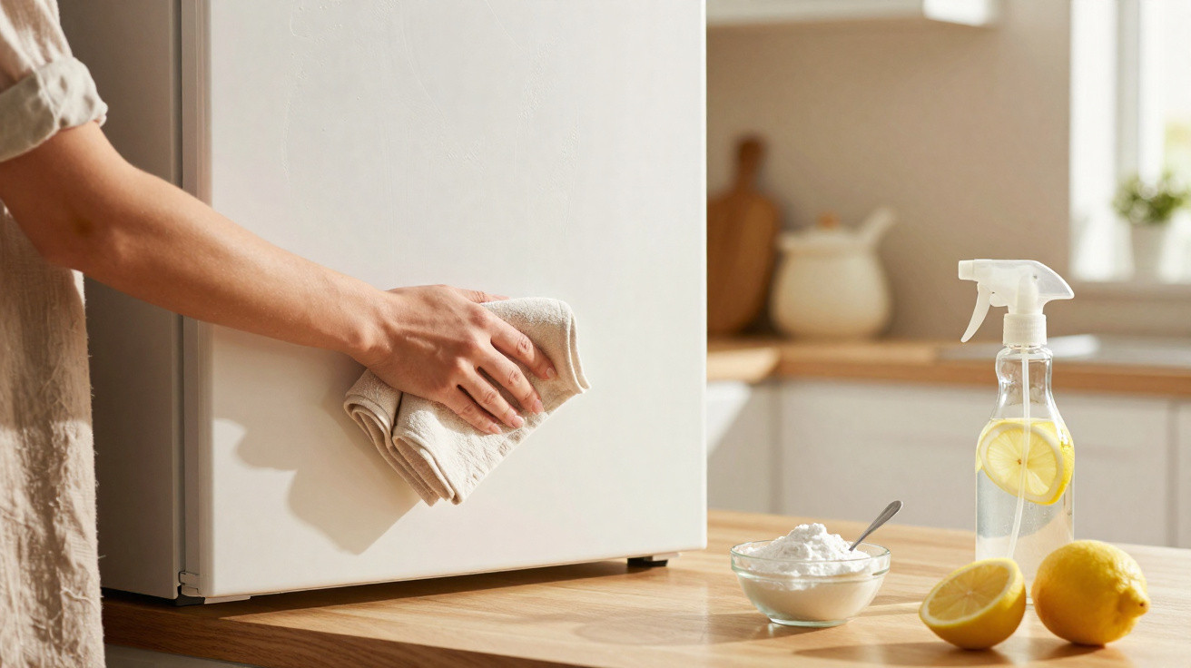Pessoa a limpar porta de frigorífico branco com pano, ao lado de superfície com limões, bicarbonato e spray.