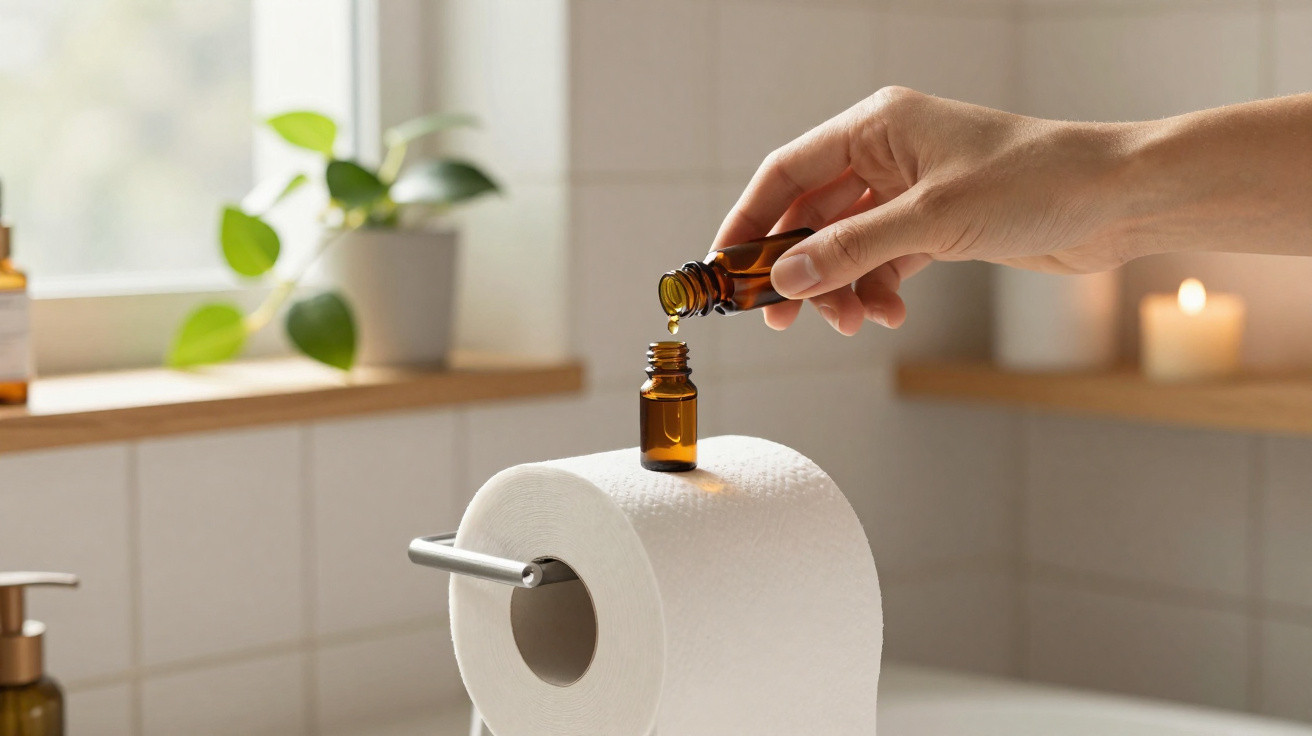 Pessoa a colocar gotas de óleo essencial num pequeno frasco sobre um rolo de papel higiénico na casa de banho.