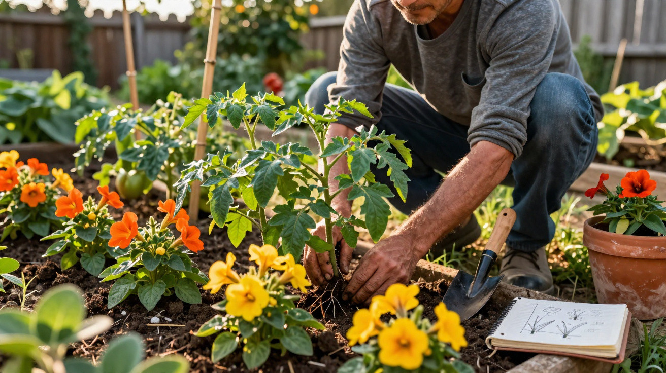 Homem a plantar uma planta jovem num jardim florido com flores amarelas e laranjas à sua volta.