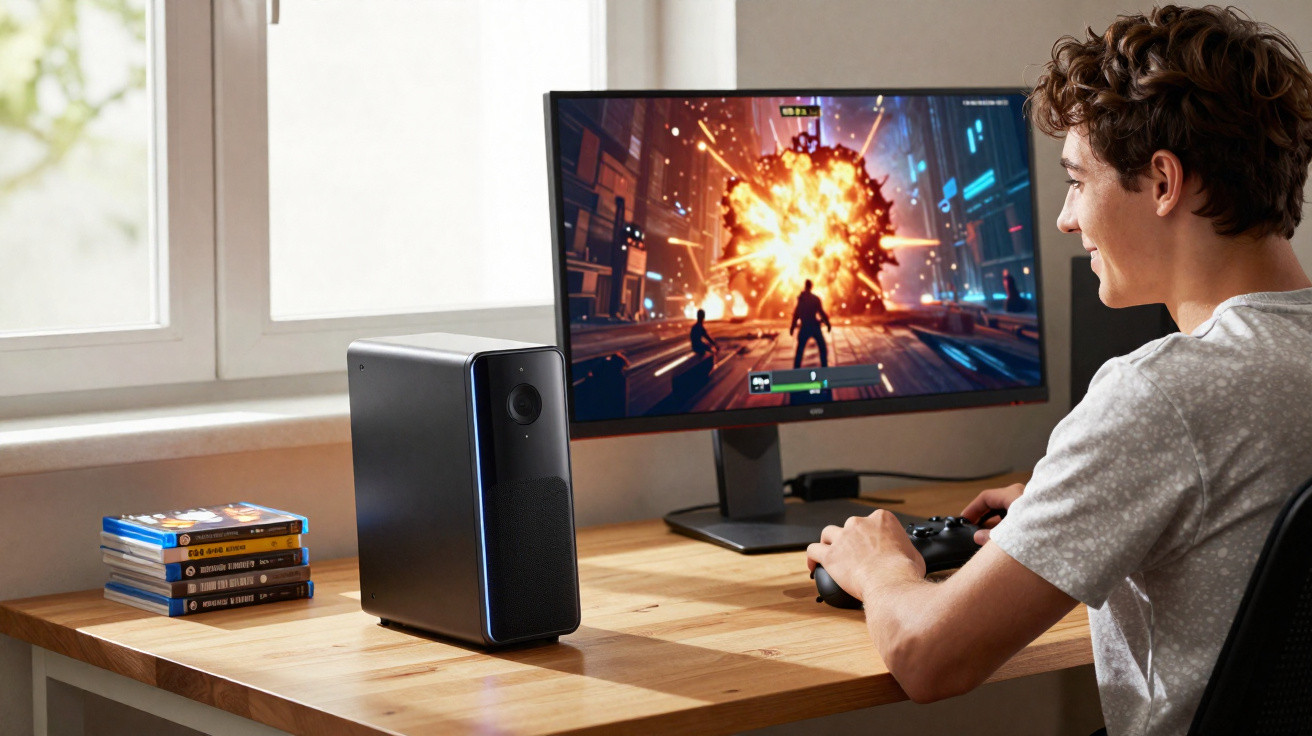 Jovem a jogar videojogo com explosão numa monitor e computador pequeno numa secretária junto a janela.