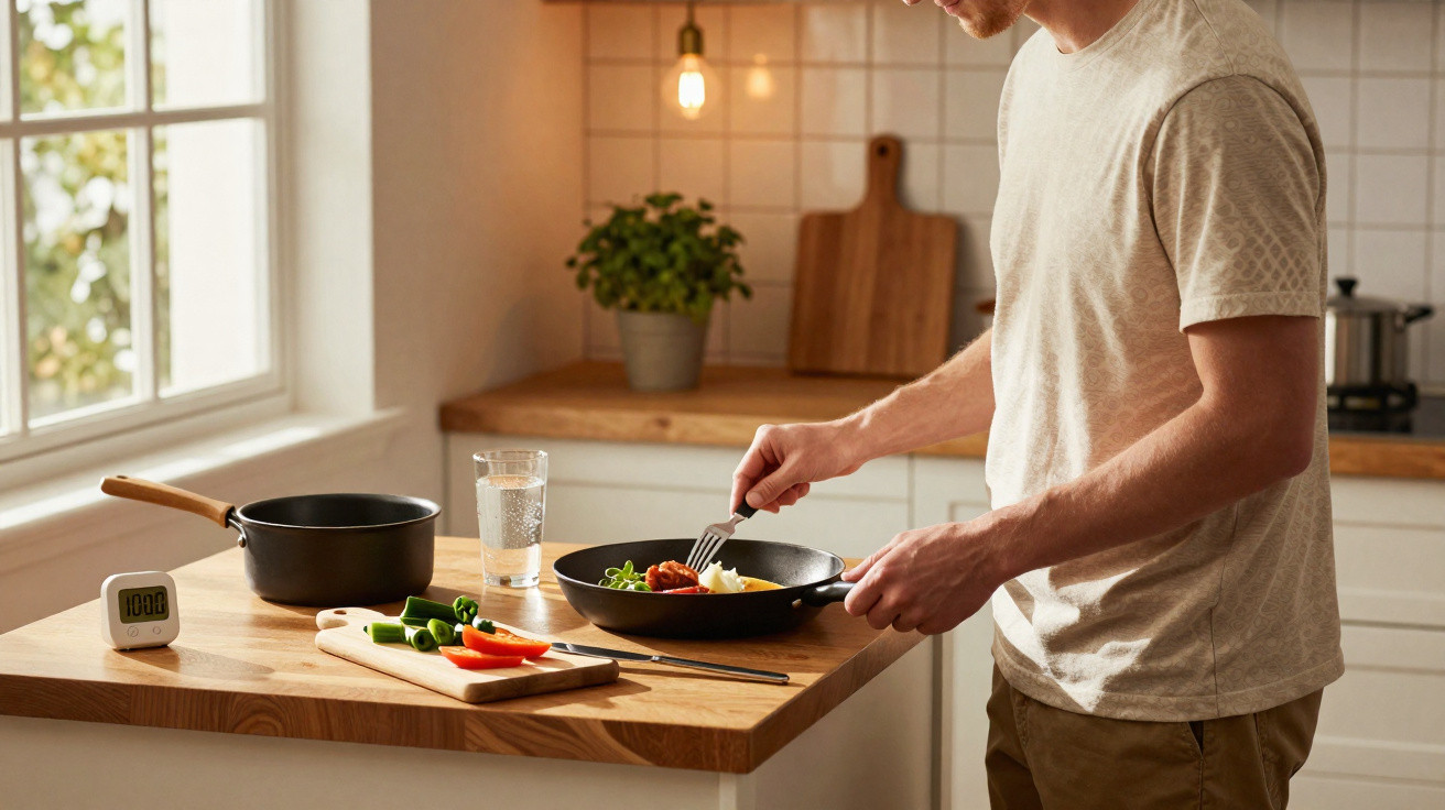 Homem a cozinhar legumes numa frigideira numa cozinha luminosa com janela e bancada de madeira.