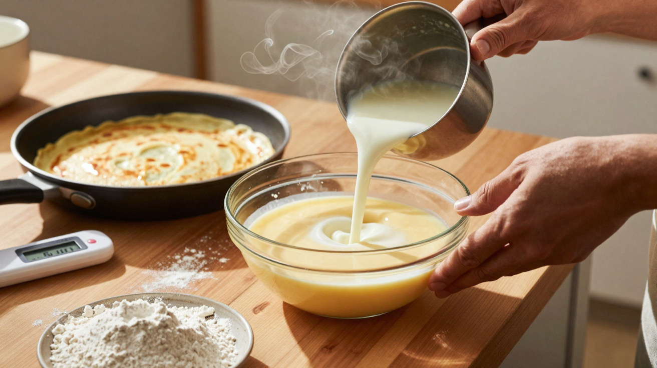 Mãos a misturar massa para crepes numa tigela de vidro, com uma frigideira e farinha na mesa de madeira.