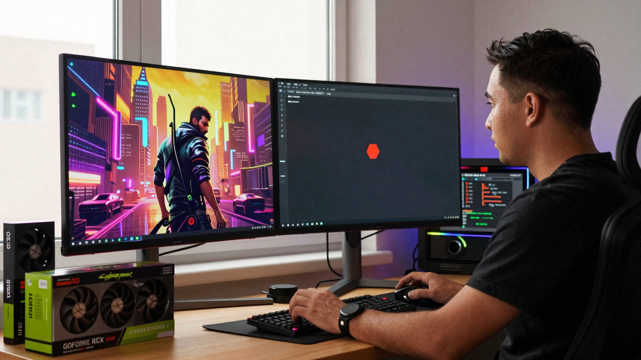 Homem sentado a jogar videojogo numa secretária com dois ecrãs e caixas de placas gráficas Nvidia RTX.