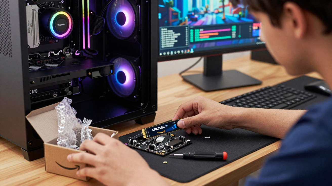 Pessoa a instalar uma memória SSD num computador de secretária com componentes RGB e ferramentas na mesa.