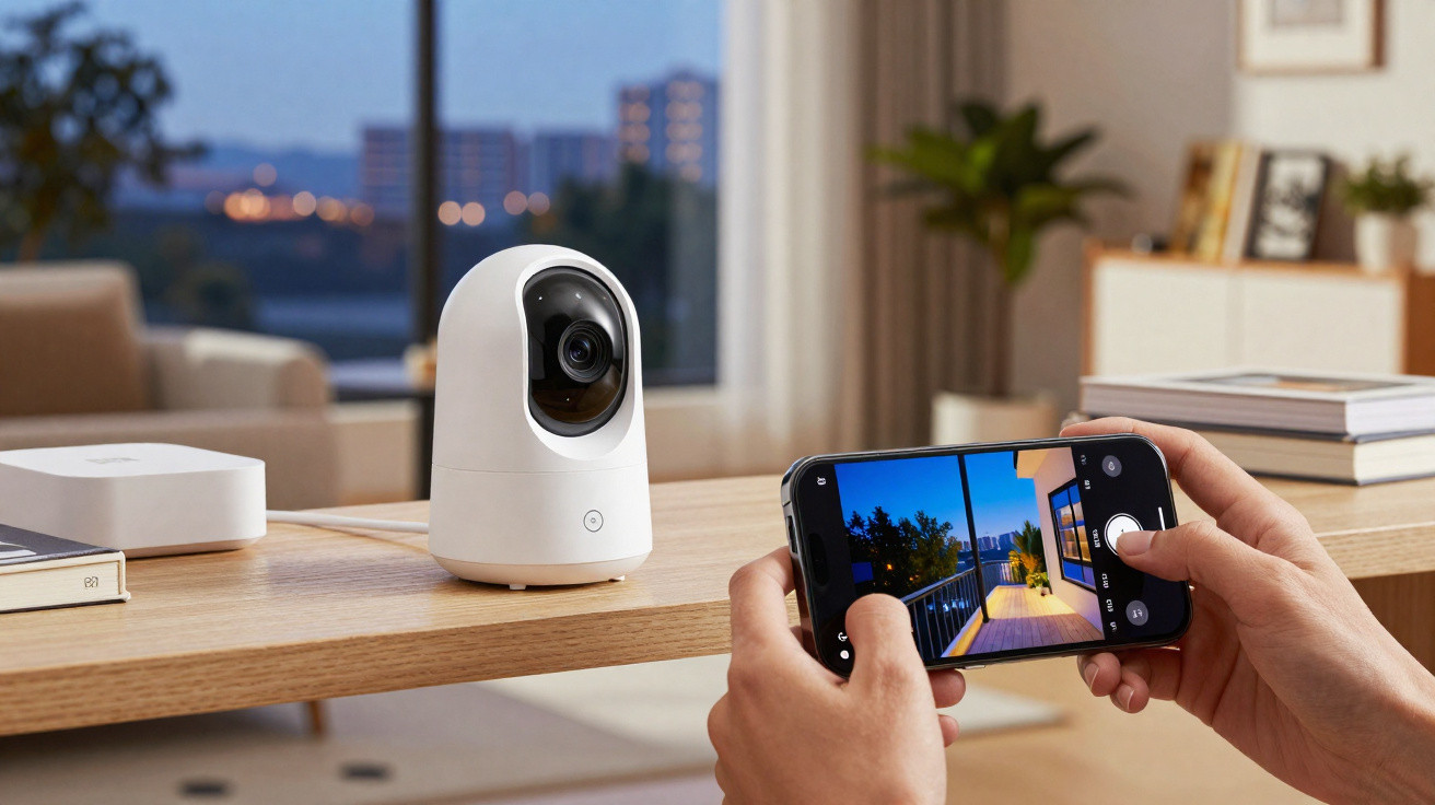 Câmara de segurança branca num móvel com mãos a controlar imagem num telemóvel.